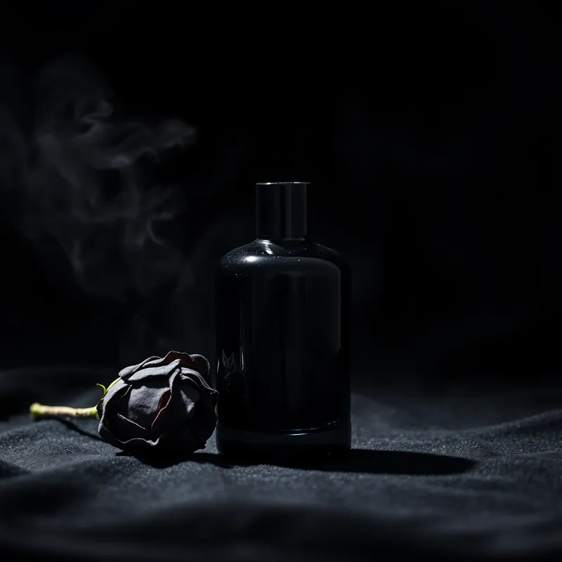 Black bottle on black velvet with a dried rose and dark mist (generic unbranded still life)