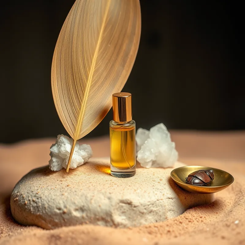 Roller bottle on sandstone with papyrus leaf and white crystals (generic unbranded still life)