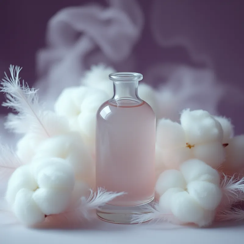 Mauve bottle among cotton-soft clouds and grey feathers (generic unbranded still life)