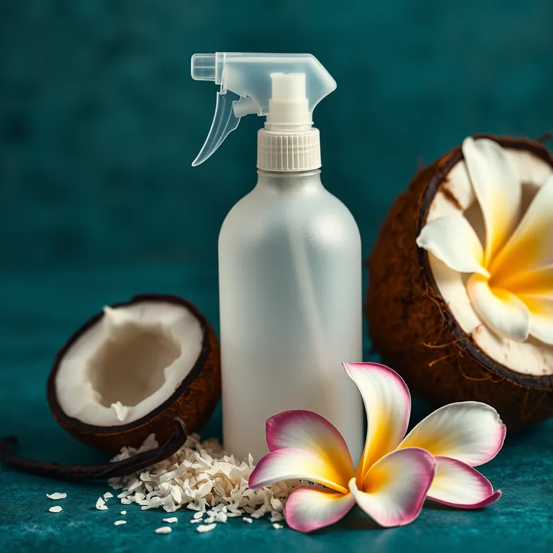 Spray bottle with halved coconut, vanilla and plumeria (generic unbranded still life)