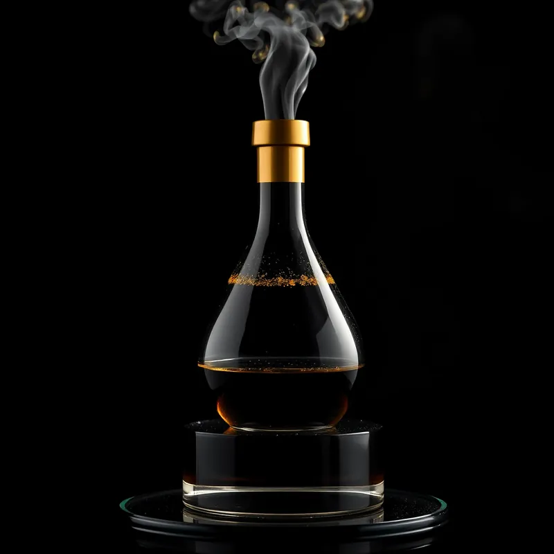 Black glass flask with gold collar and golden vapor (generic unbranded still life)