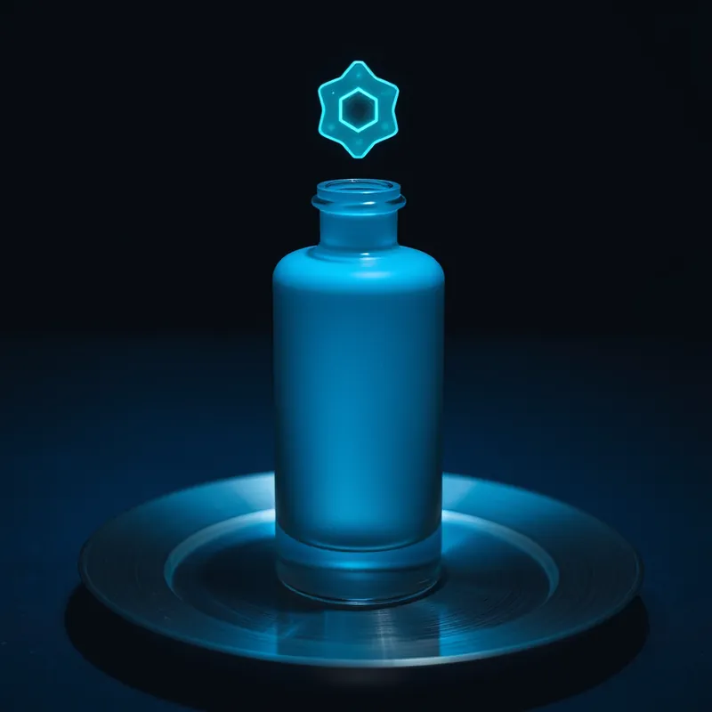 Steel-blue bottle with a glowing hexagonal molecule hologram (generic unbranded still life)