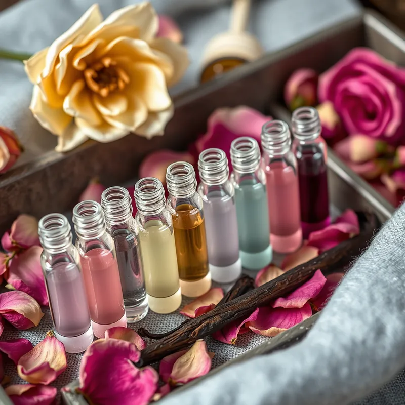 Eight tiny sample vials in different pastel colors with rose petals (generic unbranded still life)