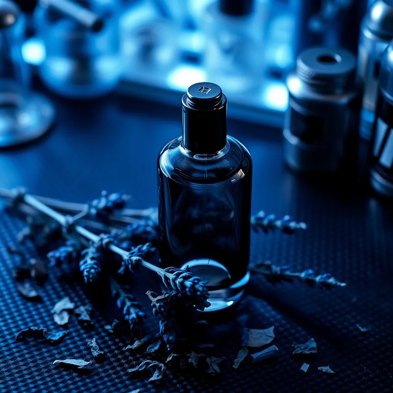 Graphite bottle on carbon texture with electric-blue lavender (generic unbranded still life)