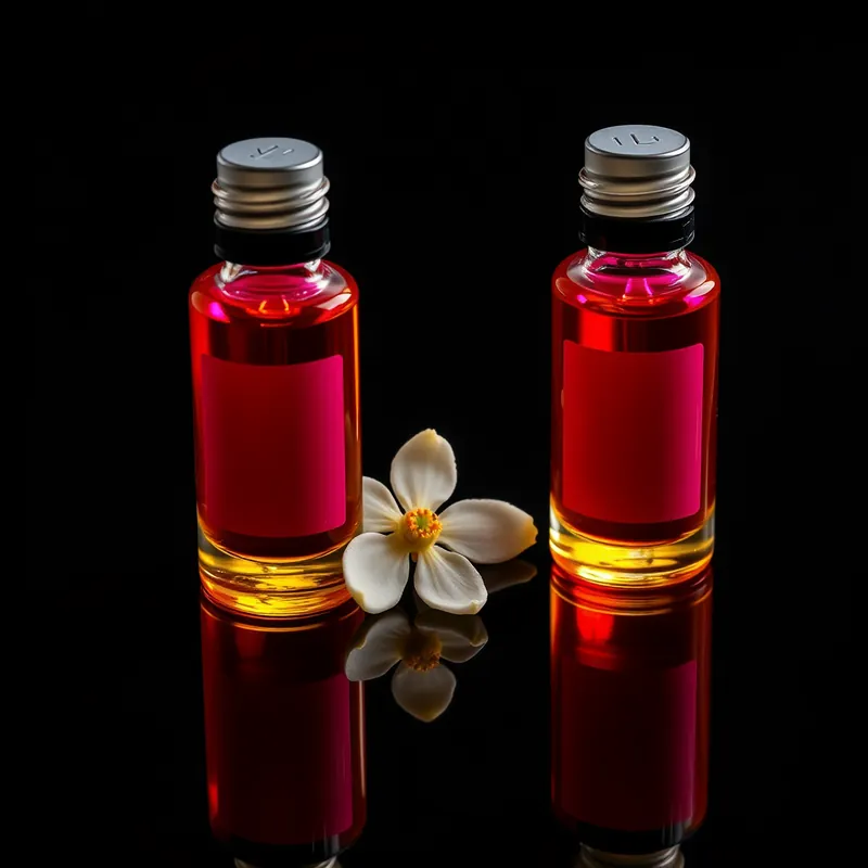 Two roller vials, amber and magenta, on glossy black (generic unbranded still life)
