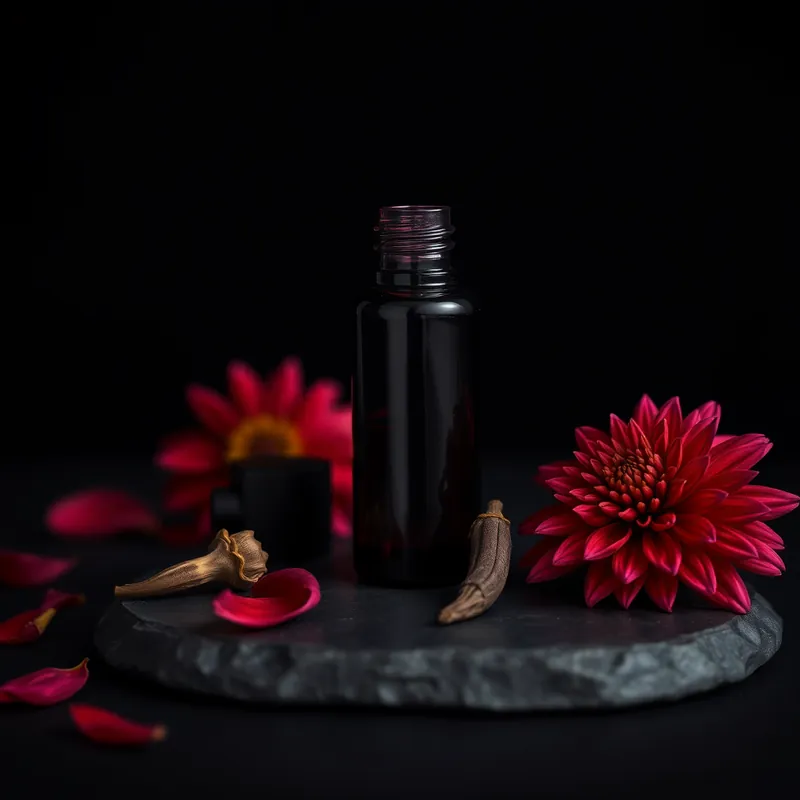Burgundy roller bottle with fallen red petals (generic unbranded still life)