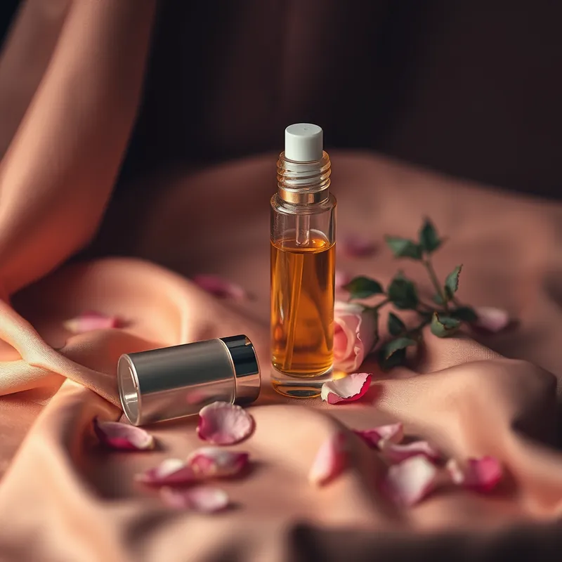 Rose-gold roller vial on champagne silk with rose petals (generic unbranded still life)
