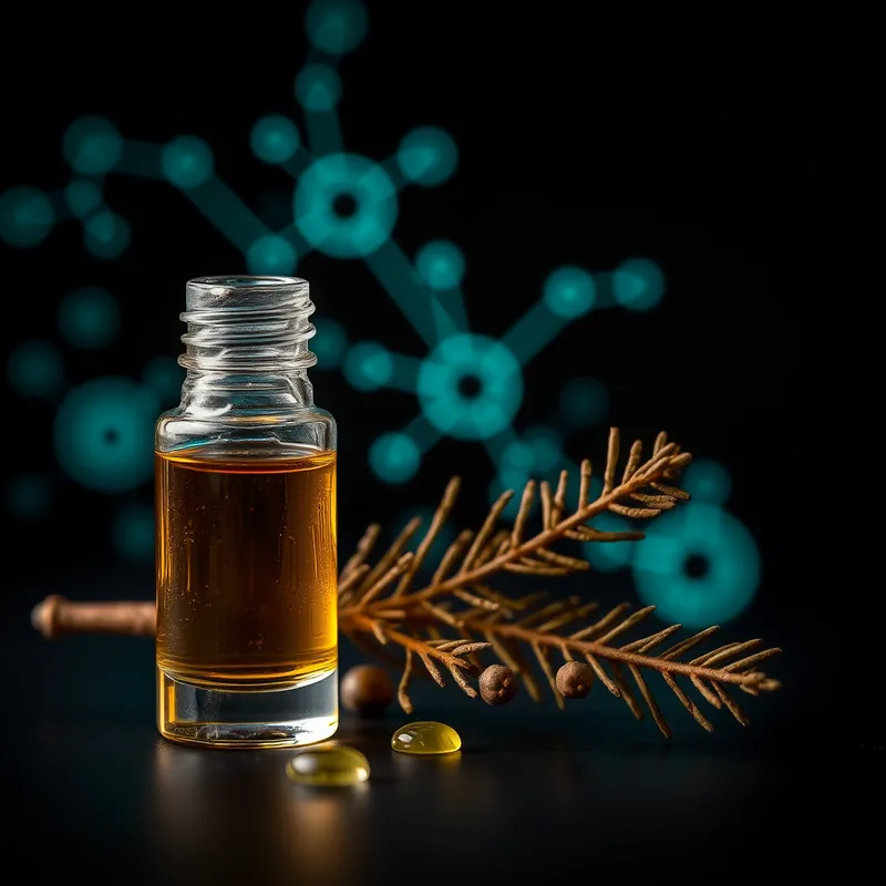 Golden roller vial with cedar and a glowing molecule outline (generic unbranded still life)