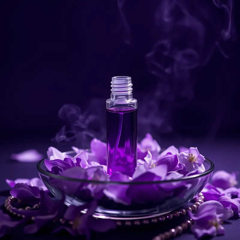 Violet roller bottle in a dish of lilac petals (generic unbranded still life)