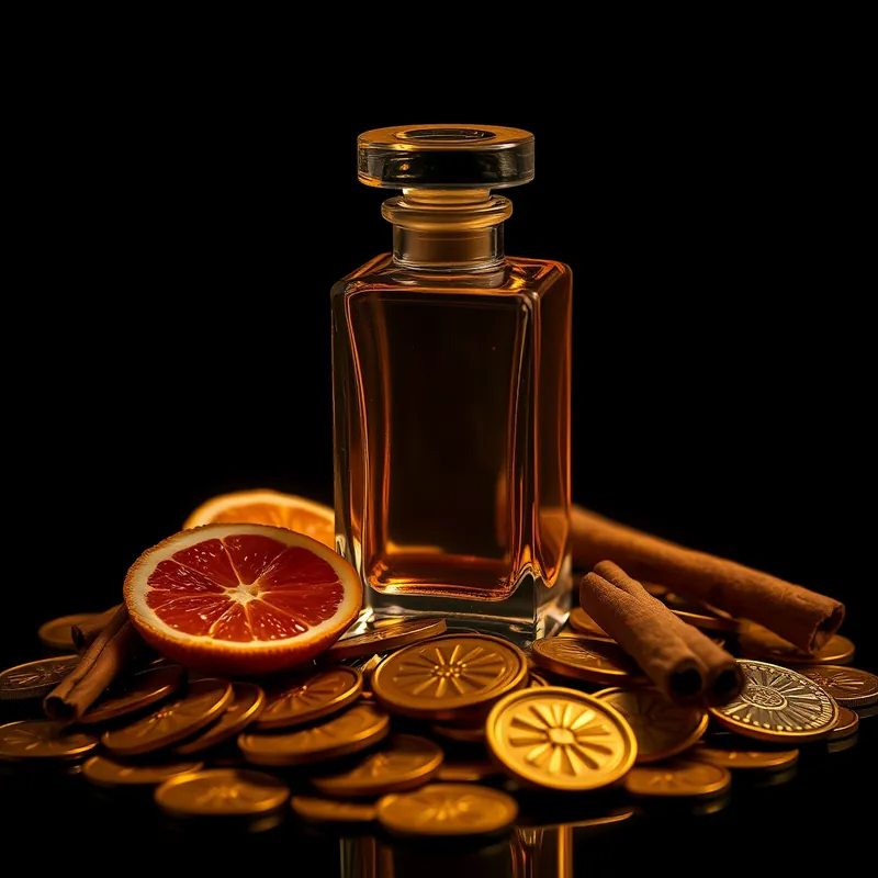 Gold-toned bottle with gold discs, mandarin and cinnamon (generic unbranded still life)