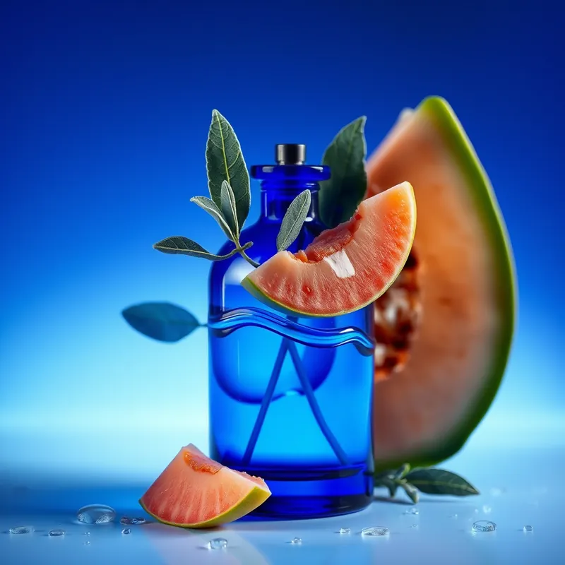 Blue bottle with melon slices, sage and water droplets (generic unbranded still life)