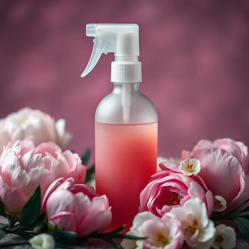Frosted spray bottle among blush peonies and freesia (generic unbranded still life)