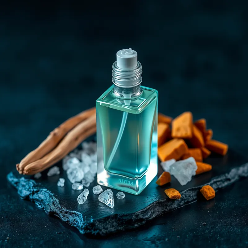 Aqua spray bottle with sea salt, driftwood and sandalwood on wet slate (generic unbranded still life)