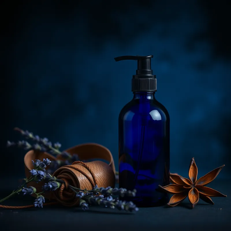 Indigo spray bottle with lavender, leather and vanilla pods (generic unbranded still life)