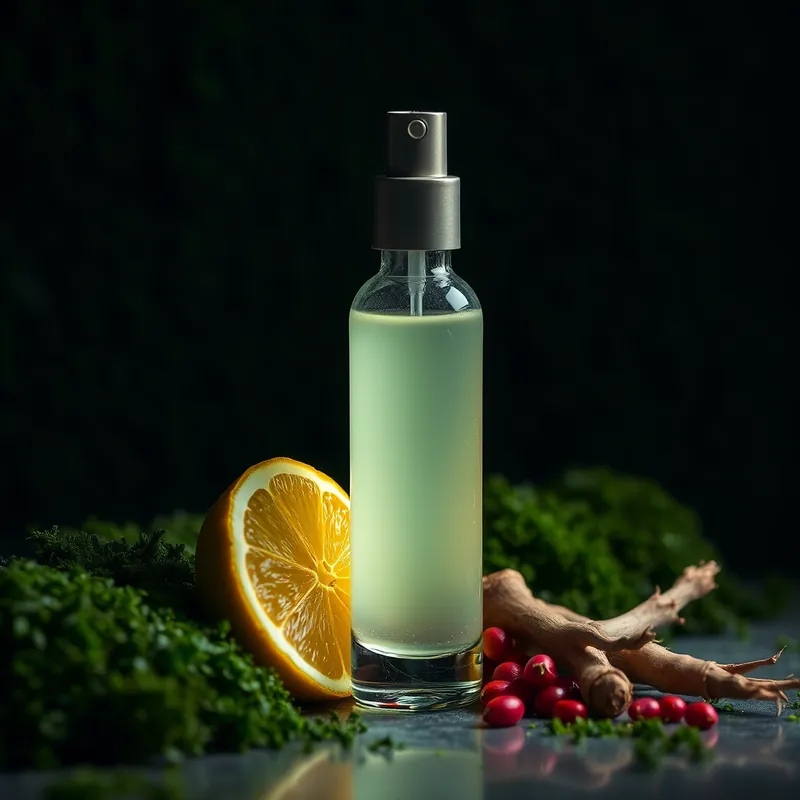 Spray bottle with bergamot, pink pepper and vetiver roots (generic unbranded still life)