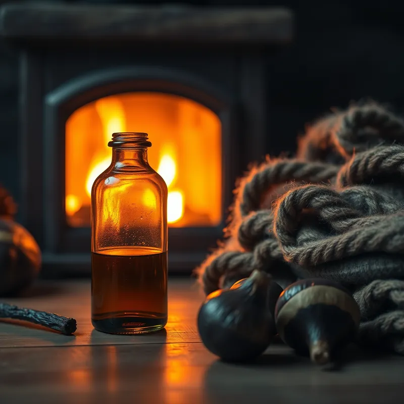 Amber bottle by firelight with chestnuts, wool and vanilla pod (generic unbranded still life)