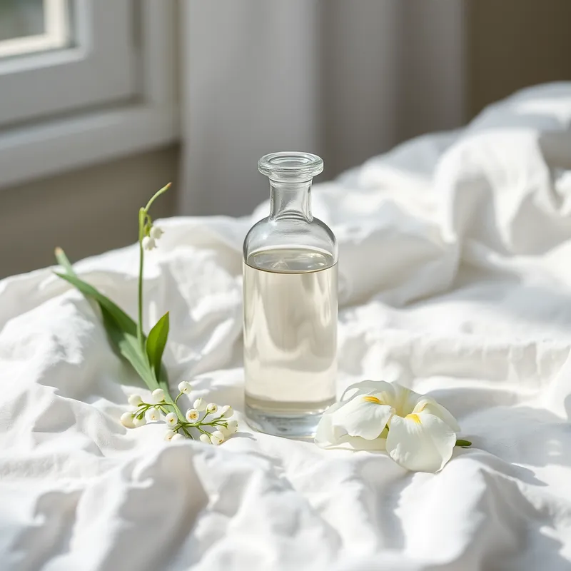 Clear bottle on white linen with lily of the valley and iris (generic unbranded still life)