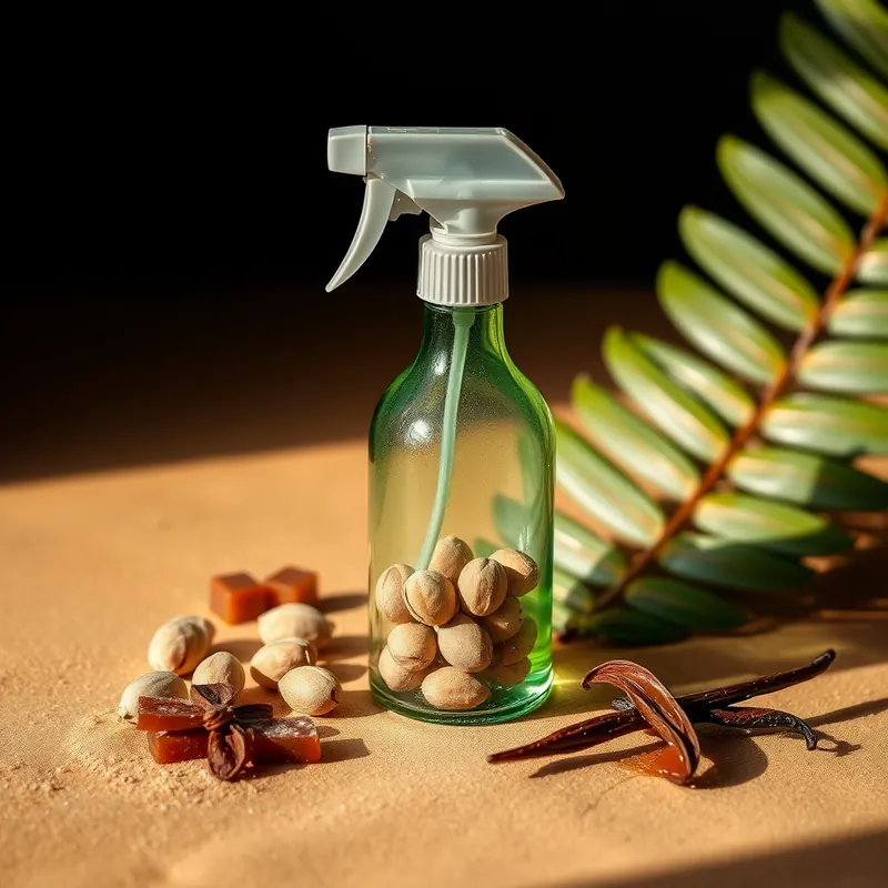 Pistachio-green spray bottle with pistachios, salted caramel and tropical leaf (generic unbranded still life)