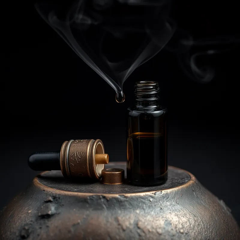 Dark dropper bottle with an oil drop falling, bronze palette (generic unbranded still life)