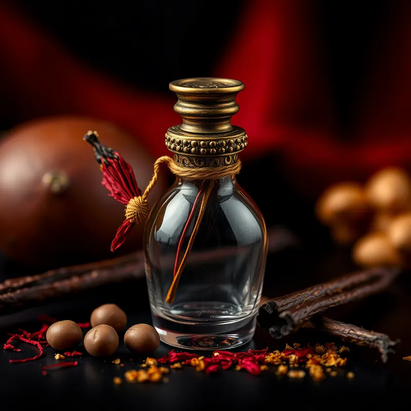 Brass attar bottle with saffron, praline nuts and incense resin (generic unbranded still life)