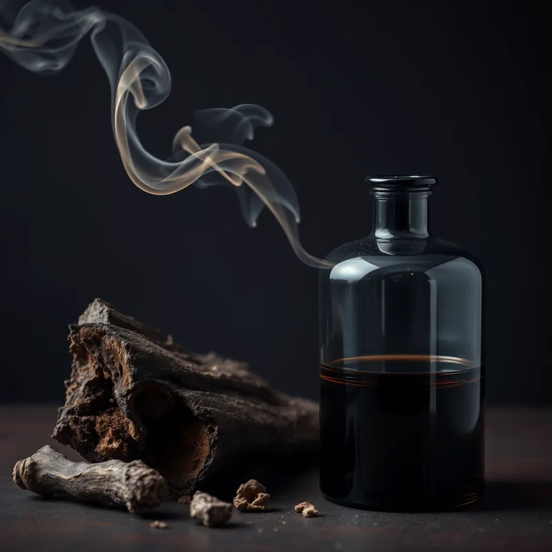 Black bottle with smouldering oud wood and thick smoke (generic unbranded still life)