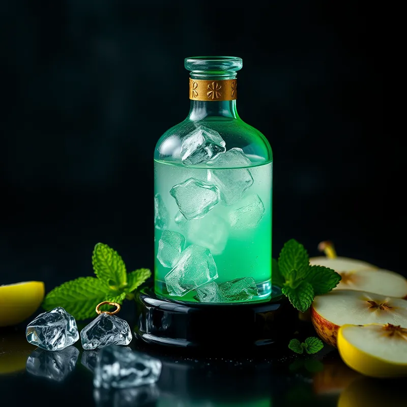 Mint-green bottle with ice shards, mint leaves and green apple (generic unbranded still life)