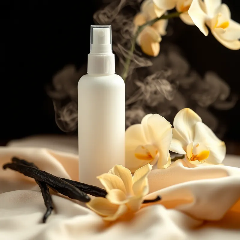 Frosted mist bottle on cream silk with vanilla orchids (generic unbranded still life)