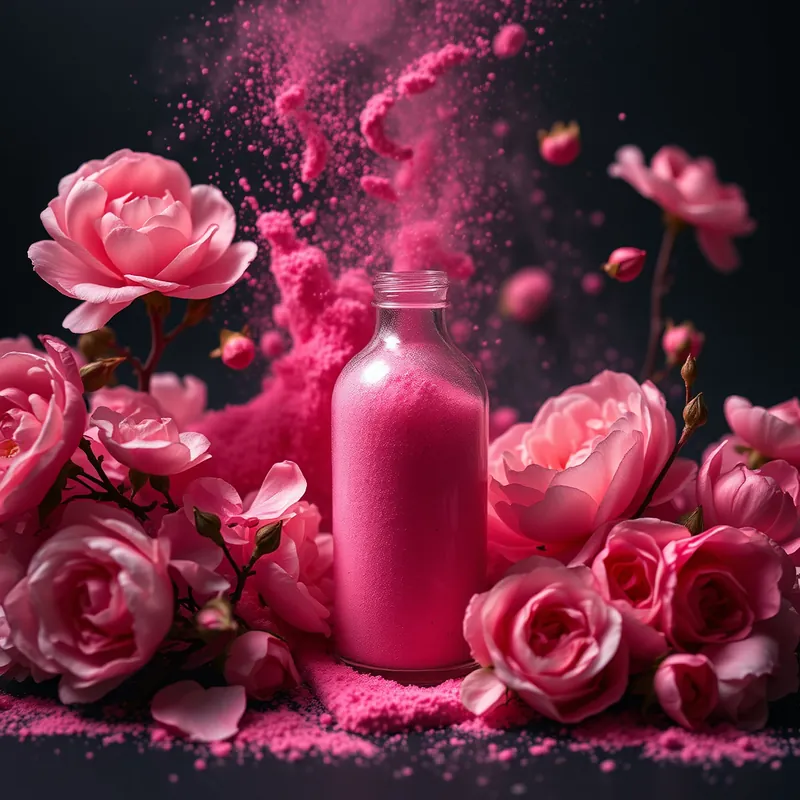 Pink bottle in an explosion of peonies, roses and freesia (generic unbranded still life)