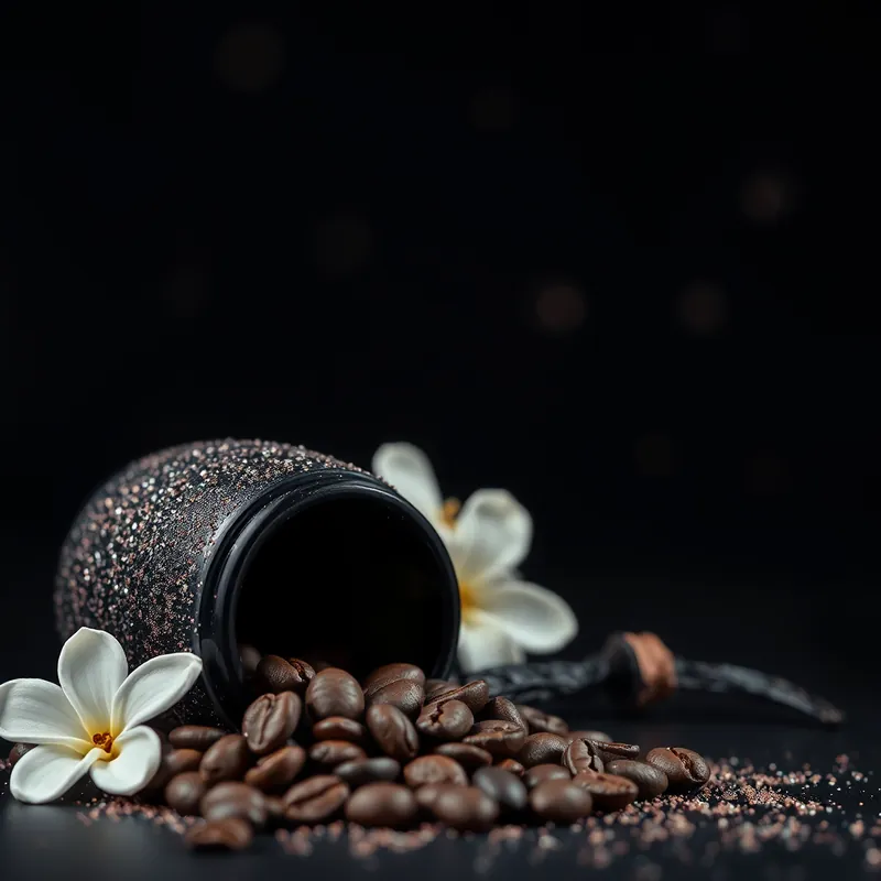 Black bottle with coffee beans, white flowers and sparkles (generic unbranded still life)