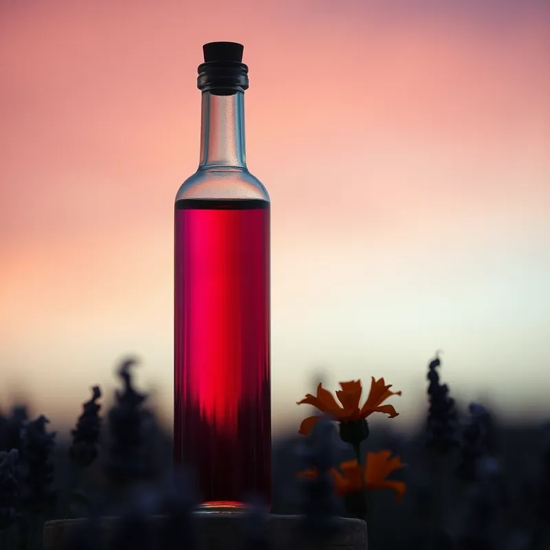 Violet-to-orange bottle with lavender and orange blossom (generic unbranded still life)